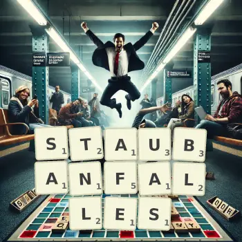 Kreative Illustration für ein Scrabble-Spiel, bei dem das Wort STAUBANFALLES mit Steinen auf dem Brett gelegt wurde.