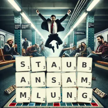 Kreative Illustration für ein Scrabble-Spiel, bei dem das Wort STAUBANSAMMLUNG mit Steinen auf dem Brett gelegt wurde.