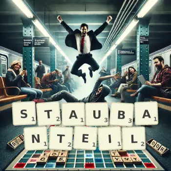 Kreative Illustration für ein Scrabble-Spiel, bei dem das Wort STAUBANTEIL mit Steinen auf dem Brett gelegt wurde.