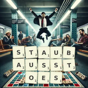 Kreative Illustration für ein Scrabble-Spiel, bei dem das Wort STAUBAUSSTOES mit Steinen auf dem Brett gelegt wurde.