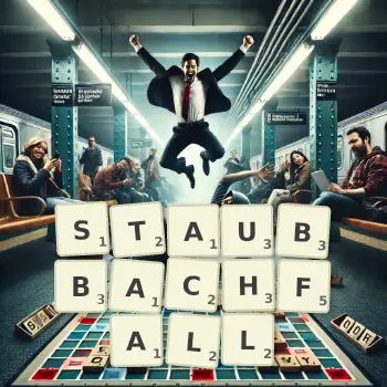 Kreative Illustration für ein Scrabble-Spiel, bei dem das Wort STAUBBACHFALL mit Steinen auf dem Brett gelegt wurde.