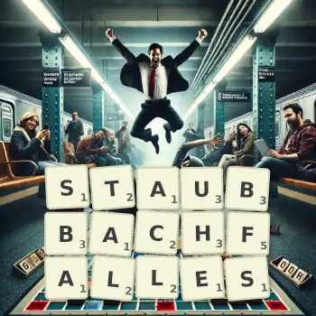 Kreative Illustration für ein Scrabble-Spiel, bei dem das Wort STAUBBACHFALLES mit Steinen auf dem Brett gelegt wurde.