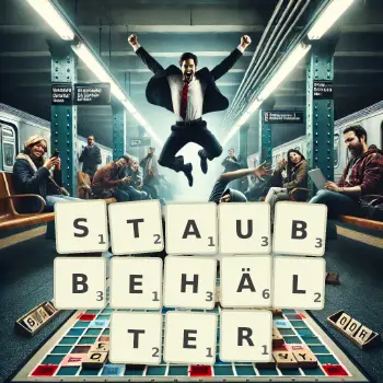 Kreative Illustration für ein Scrabble-Spiel, bei dem das Wort STAUBBEHÄLTER mit Steinen auf dem Brett gelegt wurde.