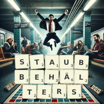 Kreative Illustration für ein Scrabble-Spiel, bei dem das Wort STAUBBEHÄLTERS mit Steinen auf dem Brett gelegt wurde.