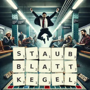 Kreative Illustration für ein Scrabble-Spiel, bei dem das Wort STAUBBLATTKEGEL mit Steinen auf dem Brett gelegt wurde.