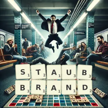 Kreative Illustration für ein Scrabble-Spiel, bei dem das Wort STAUBBRAND mit Steinen auf dem Brett gelegt wurde.