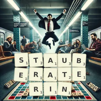 Kreative Illustration für ein Scrabble-Spiel, bei dem das Wort STAUBERATERIN mit Steinen auf dem Brett gelegt wurde.