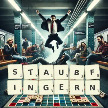 Kreative Illustration für ein Scrabble-Spiel, bei dem das Wort STAUBFINGERN mit Steinen auf dem Brett gelegt wurde.