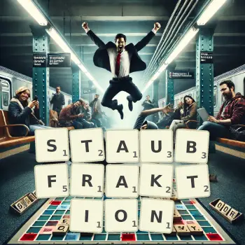 Kreative Illustration für ein Scrabble-Spiel, bei dem das Wort STAUBFRAKTION mit Steinen auf dem Brett gelegt wurde.