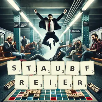 Kreative Illustration für ein Scrabble-Spiel, bei dem das Wort STAUBFREIER mit Steinen auf dem Brett gelegt wurde.