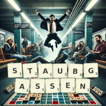 Kreative Illustration für ein Scrabble-Spiel, bei dem das Wort STAUBGASSEN mit Steinen auf dem Brett gelegt wurde.