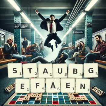 Kreative Illustration für ein Scrabble-Spiel, bei dem das Wort STAUBGEFÄEN mit Steinen auf dem Brett gelegt wurde.
