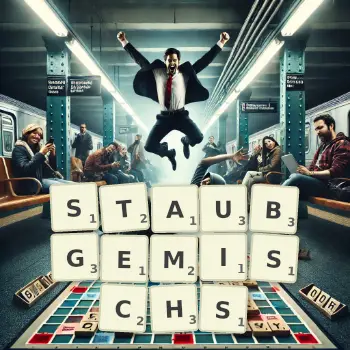 Kreative Illustration für ein Scrabble-Spiel, bei dem das Wort STAUBGEMISCHS mit Steinen auf dem Brett gelegt wurde.