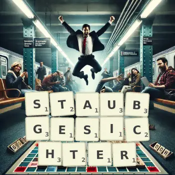 Kreative Illustration für ein Scrabble-Spiel, bei dem das Wort STAUBGESICHTER mit Steinen auf dem Brett gelegt wurde.