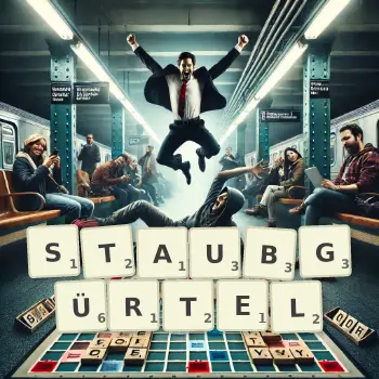 Kreative Illustration für ein Scrabble-Spiel, bei dem das Wort STAUBGÜRTEL mit Steinen auf dem Brett gelegt wurde.