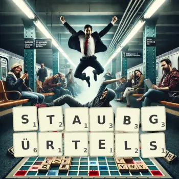 Kreative Illustration für ein Scrabble-Spiel, bei dem das Wort STAUBGÜRTELS mit Steinen auf dem Brett gelegt wurde.
