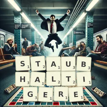 Kreative Illustration für ein Scrabble-Spiel, bei dem das Wort STAUBHALTIGERE mit Steinen auf dem Brett gelegt wurde.