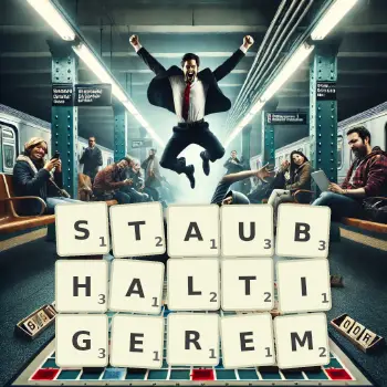 Kreative Illustration für ein Scrabble-Spiel, bei dem das Wort STAUBHALTIGEREM mit Steinen auf dem Brett gelegt wurde.