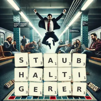 Kreative Illustration für ein Scrabble-Spiel, bei dem das Wort STAUBHALTIGERER mit Steinen auf dem Brett gelegt wurde.