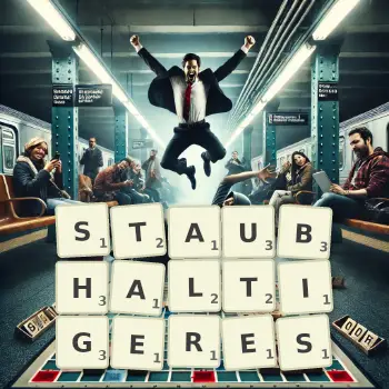 Kreative Illustration für ein Scrabble-Spiel, bei dem das Wort STAUBHALTIGERES mit Steinen auf dem Brett gelegt wurde.