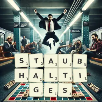 Kreative Illustration für ein Scrabble-Spiel, bei dem das Wort STAUBHALTIGES mit Steinen auf dem Brett gelegt wurde.