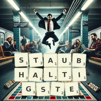 Kreative Illustration für ein Scrabble-Spiel, bei dem das Wort STAUBHALTIGSTE mit Steinen auf dem Brett gelegt wurde.