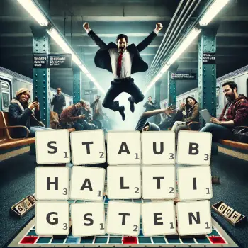 Kreative Illustration für ein Scrabble-Spiel, bei dem das Wort STAUBHALTIGSTEN mit Steinen auf dem Brett gelegt wurde.