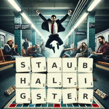 Kreative Illustration für ein Scrabble-Spiel, bei dem das Wort STAUBHALTIGSTER mit Steinen auf dem Brett gelegt wurde.