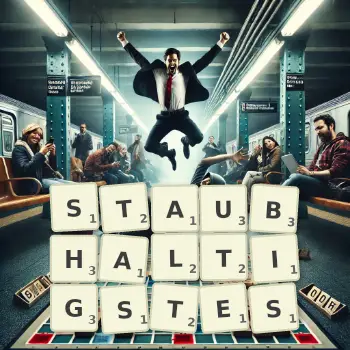 Kreative Illustration für ein Scrabble-Spiel, bei dem das Wort STAUBHALTIGSTES mit Steinen auf dem Brett gelegt wurde.