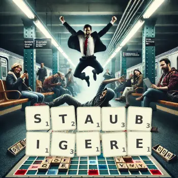 Kreative Illustration für ein Scrabble-Spiel, bei dem das Wort STAUBIGERE mit Steinen auf dem Brett gelegt wurde.