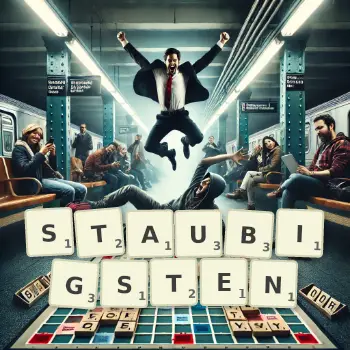 Kreative Illustration für ein Scrabble-Spiel, bei dem das Wort STAUBIGSTEN mit Steinen auf dem Brett gelegt wurde.