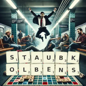 Kreative Illustration für ein Scrabble-Spiel, bei dem das Wort STAUBKOLBENS mit Steinen auf dem Brett gelegt wurde.