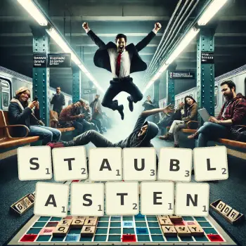 Kreative Illustration für ein Scrabble-Spiel, bei dem das Wort STAUBLASTEN mit Steinen auf dem Brett gelegt wurde.