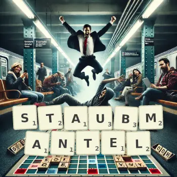 Kreative Illustration für ein Scrabble-Spiel, bei dem das Wort STAUBMANTEL mit Steinen auf dem Brett gelegt wurde.