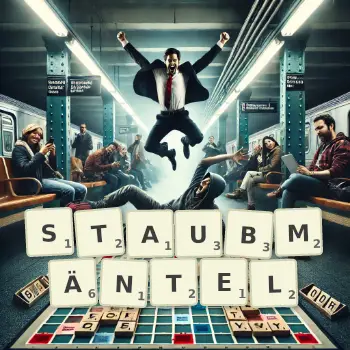 Kreative Illustration für ein Scrabble-Spiel, bei dem das Wort STAUBMÄNTEL mit Steinen auf dem Brett gelegt wurde.