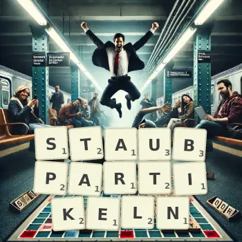 Kreative Illustration für ein Scrabble-Spiel, bei dem das Wort STAUBPARTIKELN mit Steinen auf dem Brett gelegt wurde.