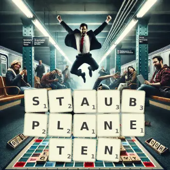Kreative Illustration für ein Scrabble-Spiel, bei dem das Wort STAUBPLANETEN mit Steinen auf dem Brett gelegt wurde.