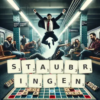 Kreative Illustration für ein Scrabble-Spiel, bei dem das Wort STAUBRINGEN mit Steinen auf dem Brett gelegt wurde.