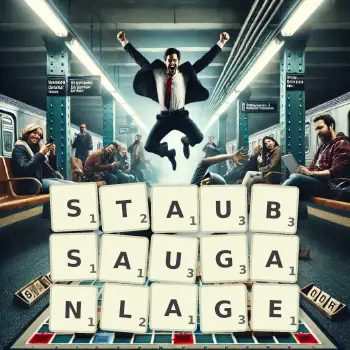 Kreative Illustration für ein Scrabble-Spiel, bei dem das Wort STAUBSAUGANLAGE mit Steinen auf dem Brett gelegt wurde.