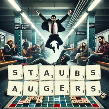 Kreative Illustration für ein Scrabble-Spiel, bei dem das Wort STAUBSAUGERS mit Steinen auf dem Brett gelegt wurde.