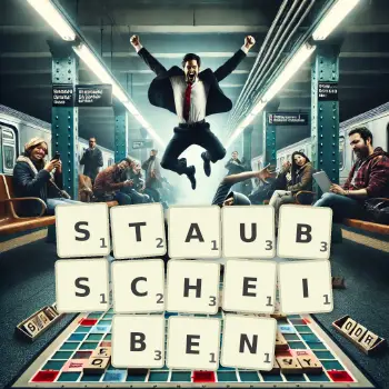 Kreative Illustration für ein Scrabble-Spiel, bei dem das Wort STAUBSCHEIBEN mit Steinen auf dem Brett gelegt wurde.
