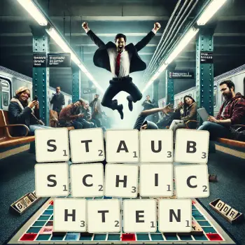 Kreative Illustration für ein Scrabble-Spiel, bei dem das Wort STAUBSCHICHTEN mit Steinen auf dem Brett gelegt wurde.