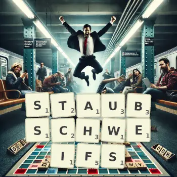 Kreative Illustration für ein Scrabble-Spiel, bei dem das Wort STAUBSCHWEIFS mit Steinen auf dem Brett gelegt wurde.
