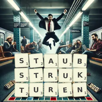 Kreative Illustration für ein Scrabble-Spiel, bei dem das Wort STAUBSTRUKTUREN mit Steinen auf dem Brett gelegt wurde.