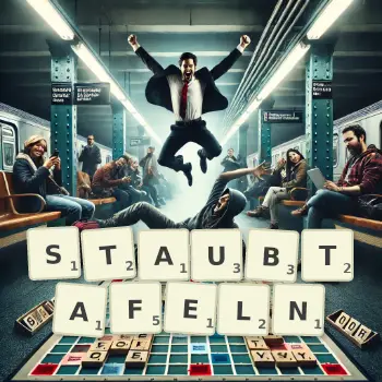 Kreative Illustration für ein Scrabble-Spiel, bei dem das Wort STAUBTAFELN mit Steinen auf dem Brett gelegt wurde.
