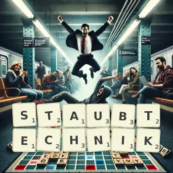 Kreative Illustration für ein Scrabble-Spiel, bei dem das Wort STAUBTECHNIK mit Steinen auf dem Brett gelegt wurde.