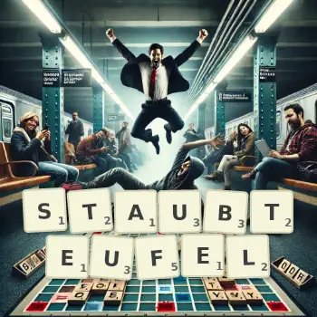 Kreative Illustration für ein Scrabble-Spiel, bei dem das Wort STAUBTEUFEL mit Steinen auf dem Brett gelegt wurde.
