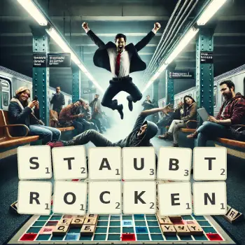 Kreative Illustration für ein Scrabble-Spiel, bei dem das Wort STAUBTROCKEN mit Steinen auf dem Brett gelegt wurde.