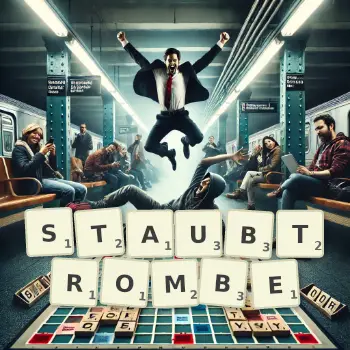 Kreative Illustration für ein Scrabble-Spiel, bei dem das Wort STAUBTROMBE mit Steinen auf dem Brett gelegt wurde.