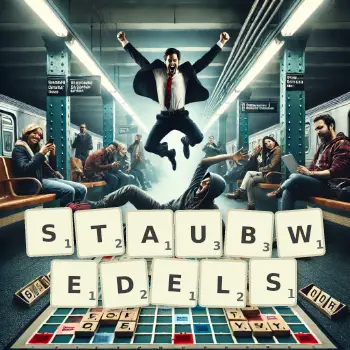Kreative Illustration für ein Scrabble-Spiel, bei dem das Wort STAUBWEDELS mit Steinen auf dem Brett gelegt wurde.